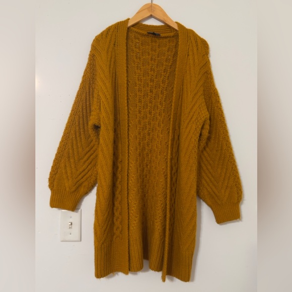 Top Shop Mustard Chunky Knit Cardigan Sweater Puff Sleeves Size 2 - Picture 1 of 11